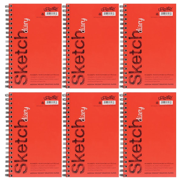 Sketch Diary, Medium Weight, 9-1/2in x 6in, 70 Sheets, PK6